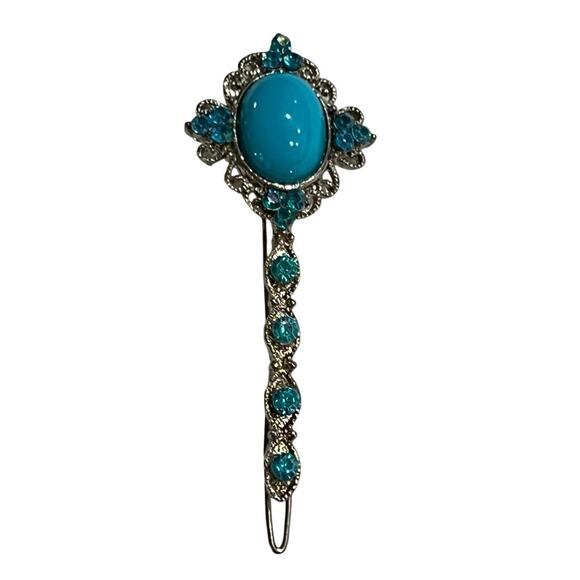 Unbranded Accessories - Vintage Y2K Turquoise Blue Rhinestone Hair Barrette Clip Silver Tone 3”